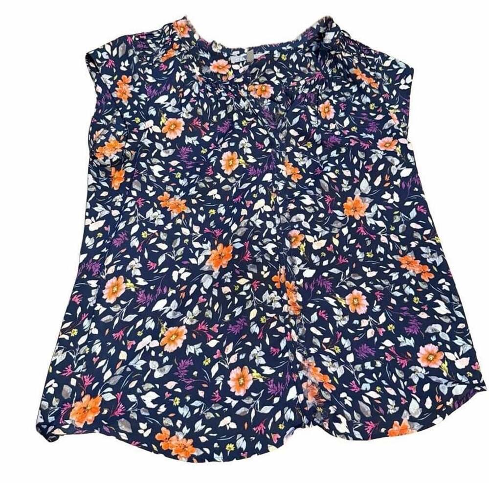 Daniel Rainn Floral Blouse Size M Blue Orange Short Sleeve